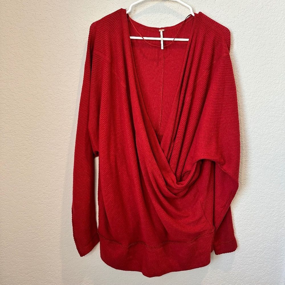 Free People Red Thermal Crossover Front Oversized Deep V-Neck Top - Size M - EUC